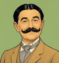Illustrated portrait of Poirot: about 55, glossy black, parted dead centre, egg-shaped head, dove-grey spats-era suit with a lavender silk cravat