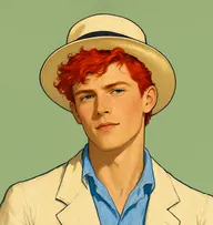 Illustrated portrait of Rupert Bleibner: about 28, flaming red, tousled, a cream linen jacket with a sky-blue shirt