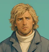 Illustrated portrait of Stavansson: about 35, tousled flaxen-blond, long to the collar, rough slate-grey reefer jacket with an open-necked collar