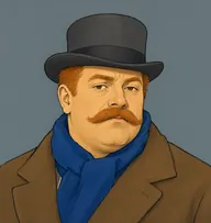 Illustrated portrait of Superintendent Summerhaye: about 48, cropped ginger-red hair, thick and bristly, a tobacco-brown overcoat with a cobalt-blue scarf