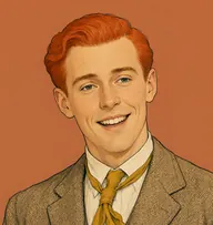Illustrated portrait of Tommy Beresford: about 25, shock of slicked-back carrot-red hair, a worn tan tweed jacket with a mustard-yellow tie