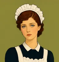Illustrated portrait of Ursula Bourne: about 25, dark auburn hair pinned back, black parlourmaid dress with a crisp white apron straps