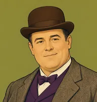 Illustrated portrait of Whittington: about 48, thinning dark brown hair slicked flat, a prosperous plum-coloured waistcoat under a tweed jacket