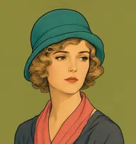 Illustrated portrait of Zoe Havering: about 33, honey-blond, marcelled waves, a charcoal dress with a coral scarf