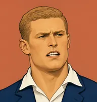 Illustrated portrait of Alec: about 26, short sandy-blond, cropped, navy blazer with white open-collared shirt