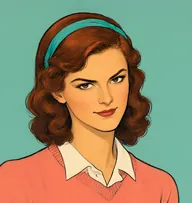 Illustrated portrait of Barbara Shannon: about 22, chestnut-red loose waves to the collar, side parting, coral-pink jumper with white collar