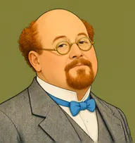 Illustrated portrait of Doctor Matthewson: about 50, bald crown, curly ginger-red tufts at the sides, dove-grey herringbone suit with a white wing collar and sky-blue bow tie