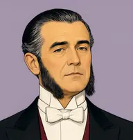 Illustrated portrait of Graves: about 60, sleek black, oiled and swept straight back, silver at the temples, black tailcoat with a white shirt and a wine-red waistcoat edge