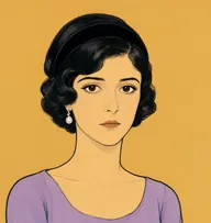 Illustrated portrait of Mrs. Plant: about 26, glossy black bobbed with finger-waved side wave, lavender day dress with scooped neckline