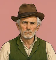 Illustrated portrait of William: about 60, white, sparse, wispy, moss-green corduroy waistcoat over collarless shirt