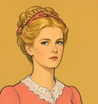 Illustrated portrait of Alice Charpentier: about 17, golden-blond, braided and pinned up, coral-pink blouse with a white lace collar