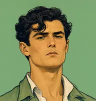 Illustrated portrait of Arthur: about 24, dark wavy, dishevelled, rumpled sage-green coat over open white collar