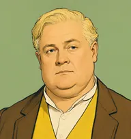 Illustrated portrait of Blessington: about 52, sparse pale-yellow, combed over, buttercup-yellow waistcoat under a brown coat