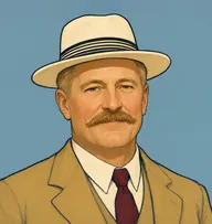 Illustrated portrait of Colonel Hayter: about 56, grizzled sandy-ginger, cropped, tan Norfolk jacket with a maroon tie