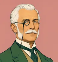 Illustrated portrait of Colonel Ross: about 58, crisp white, brushed close, bottle-green frock-coat with a buff waistcoat