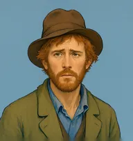 Illustrated portrait of Cowper: about 40, sandy-red, shaggy and unkempt, olive homespun coat with a faded blue shirt