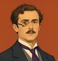 Illustrated portrait of Dr. Trevelyan: about 30, wavy mid-brown, thinning, side-parted, charcoal frock coat with a dove-grey waistcoat and plum tie