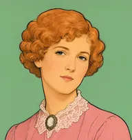 Illustrated portrait of Dr. Watson's wife: about 30, strawberry-blond, short ringlets, rose-pink day dress with a lace collar