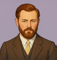 Illustrated portrait of Duncan Ross: about 48, rich auburn, smoothed down, parted high, wine-brown tweed suit with a pale-yellow tie