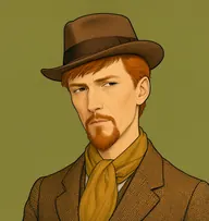 Illustrated portrait of Forbes: about 45, thin ginger, brushed forward, ginger-brown tweed suit with a mustard scarf