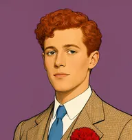 Illustrated portrait of Hall Pycroft: about 24, curly copper-red, cut short, tan checked jacket with a sky-blue tie