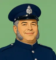 Illustrated portrait of Inspector Bradstreet: about 52, iron-grey, cropped, navy-blue police tunic with silver buttons and high collar
