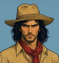 Illustrated portrait of Jefferson Hope: long black, unkempt, shoulder-length, buckskin shirt with a crimson neckerchief