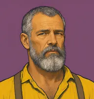 Illustrated portrait of John Ferrier: about 56, iron-grey, cropped, receding, mustard-yellow homespun shirt with braces