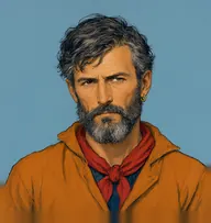 Illustrated portrait of Jonathan Small: about 50, wild grey-streaked black hair, unkempt, a rough orange-brown canvas sailor's jacket with a red neckerchief