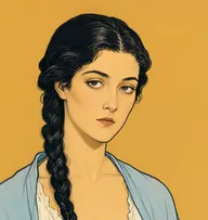 Illustrated portrait of Julia Stoner: about 30, black with first greying, braided long, white nightgown with a pale blue shawl