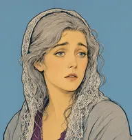 Illustrated portrait of Kate Whitney: about 32, faded ash-fair, half-down and straggling, dove-grey shawl over a plum dress