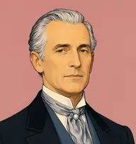 Illustrated portrait of Lord Holdhurst: about 62, silver, swept back from a high forehead, black frock coat with a slate-blue waistcoat