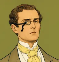 Illustrated portrait of Lord St. Simon: about 41, thin brown, receding at temples, curled, white waistcoat, primrose cravat, frock coat