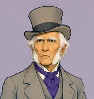 Illustrated portrait of Mr. Acton: about 72, thin white, wispy, dove-grey frock coat with a violet cravat