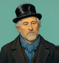 Illustrated portrait of Mr. Baker: about 55, thin silver-grey, wispy at the collar, threadbare rusty black coat with a faded sky-blue scarf