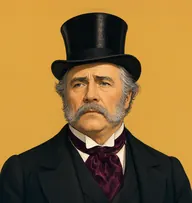 Illustrated portrait of Mr. Holder: about 50, thinning iron-grey, swept over balding crown, black frock coat with a burgundy silk cravat and stiff white wing collar