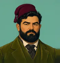 Illustrated portrait of Mr. Joseph Harrison: about 36, thick wiry black, swept up, olive velvet smoking jacket