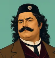 Illustrated portrait of Mr. Melas: about 45, black, curly, worn long over the collar, burgundy velvet waistcoat under a brown coat