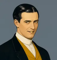Illustrated portrait of Mr. Pinner: about 40, sleek oiled black, centre-parted, mustard-yellow waistcoat under a black coat