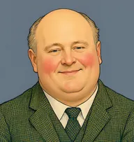 Illustrated portrait of Mr. Rucastle: about 50, bald crown with sparse sandy fringe, loose chequered tweed jacket in forest green