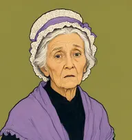 Illustrated portrait of Mrs. Bernstone: about 70, thin white hair under a cap, a lavender shawl over a black dress
