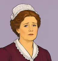 Illustrated portrait of Mrs. Hudson: about 52, greying auburn hair in a bun, a burgundy dress with a white fichu collar