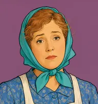 Illustrated portrait of Mrs. Tangey: about 55, wispy ginger-grey, escaping under a headscarf, faded blue print dress with a white apron