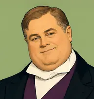 Illustrated portrait of Mycroft Holmes: about 50, thinning mouse-brown, brushed flat, plum waistcoat under a black frock coat