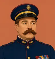 Illustrated portrait of Peterson: about 42, coarse chestnut-brown, cropped short, commissionaire's navy tunic with scarlet piping and medal ribbons