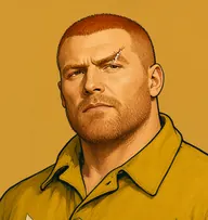 Illustrated portrait of Prendergast: close-cropped carroty-red prison crop, mustard-yellow prison jacket with broad arrows
