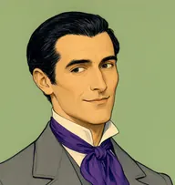 Illustrated portrait of Holmes: about 35, black, slicked back, receding slightly at temples, mouse-grey ulster with a deep claret scarf