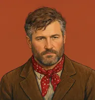 Illustrated portrait of Silas Brown: about 50, tousled chestnut-brown flecked grey, brown corduroy jacket