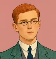Illustrated portrait of Stamford: about 26, red-blond, short, tidy, teal-green tweed jacket with grey waistcoat