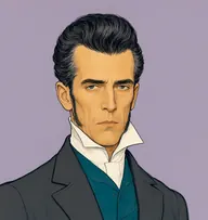 Illustrated portrait of Stangerson: about 48, black with grey temples, tall pompadour, charcoal coat with a teal waistcoat